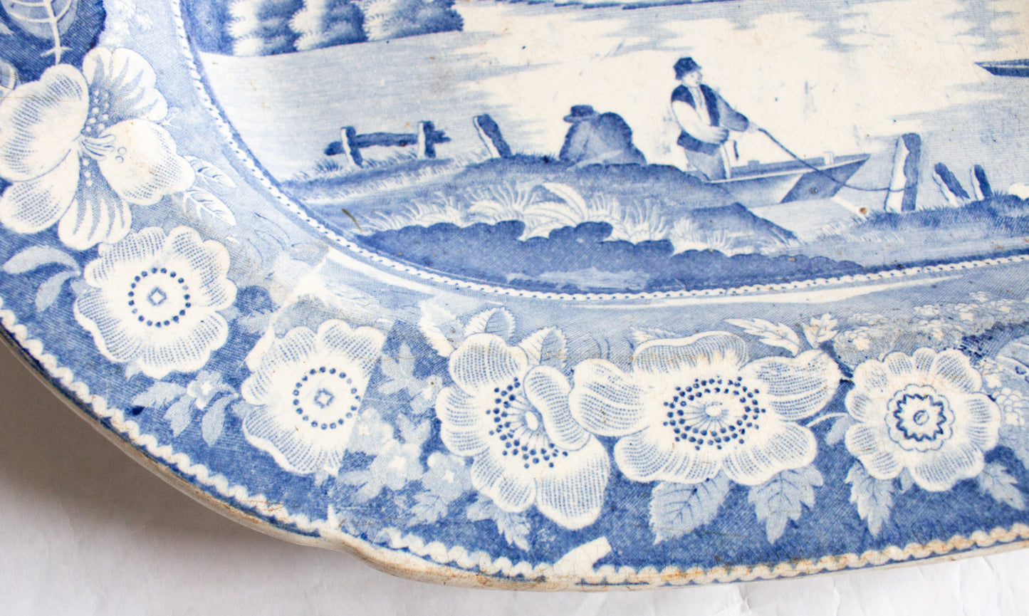 Large Antique 'Fisherman' Pattern Blue and White Transferware Serving Platter