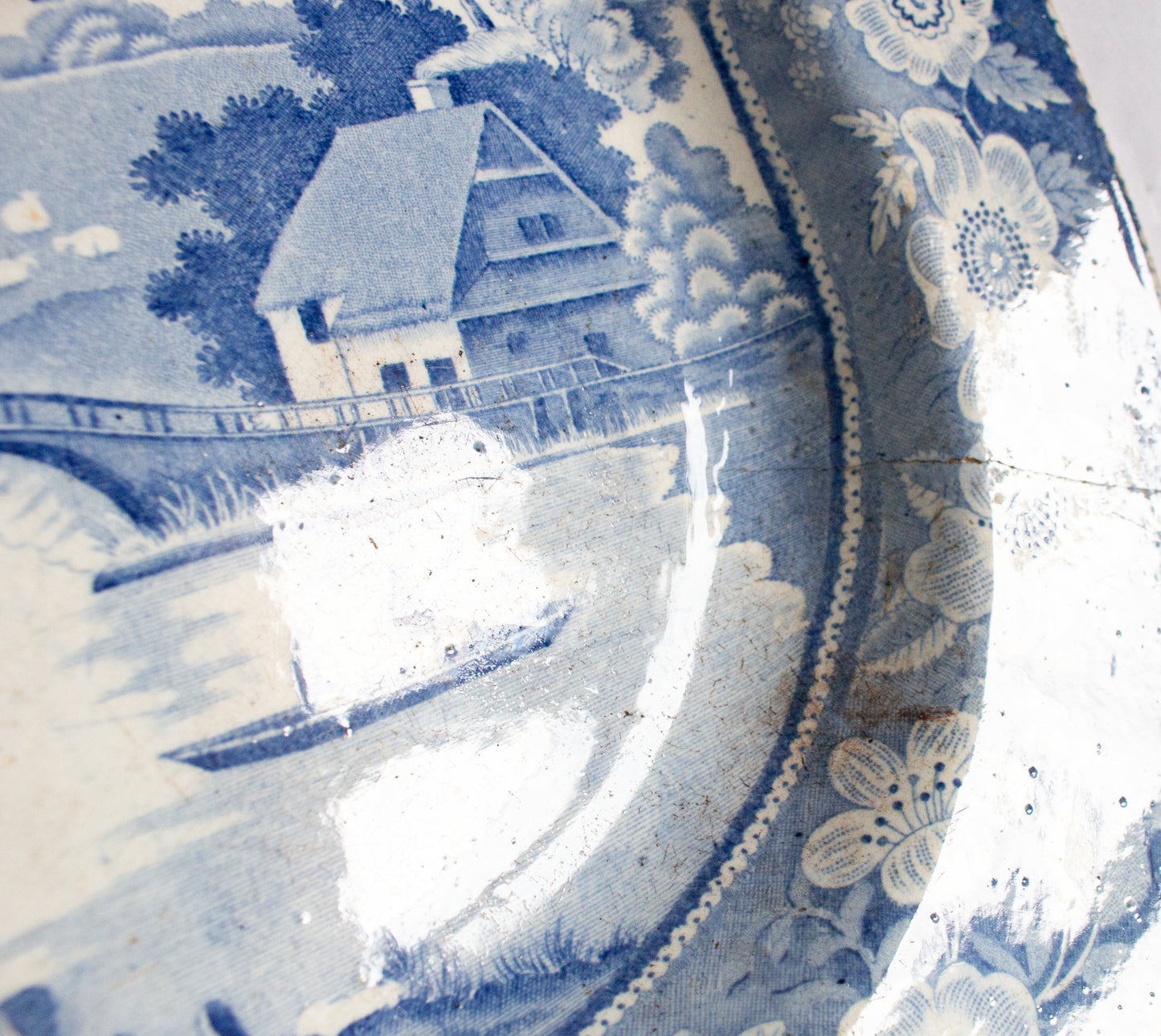 Large Antique 'Fisherman' Pattern Blue and White Transferware Serving Platter