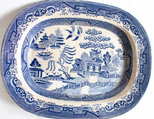 Large Antique 'Willow' Pattern Blue and White Transferware Serving Platter