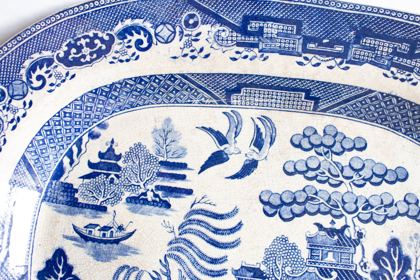 Large Antique 'Willow' Pattern Blue and White Transferware Serving Platter