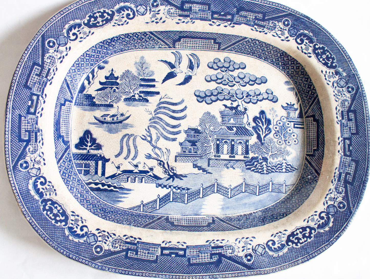 Large Antique 'Willow' Pattern Blue and White Transferware Serving Platter