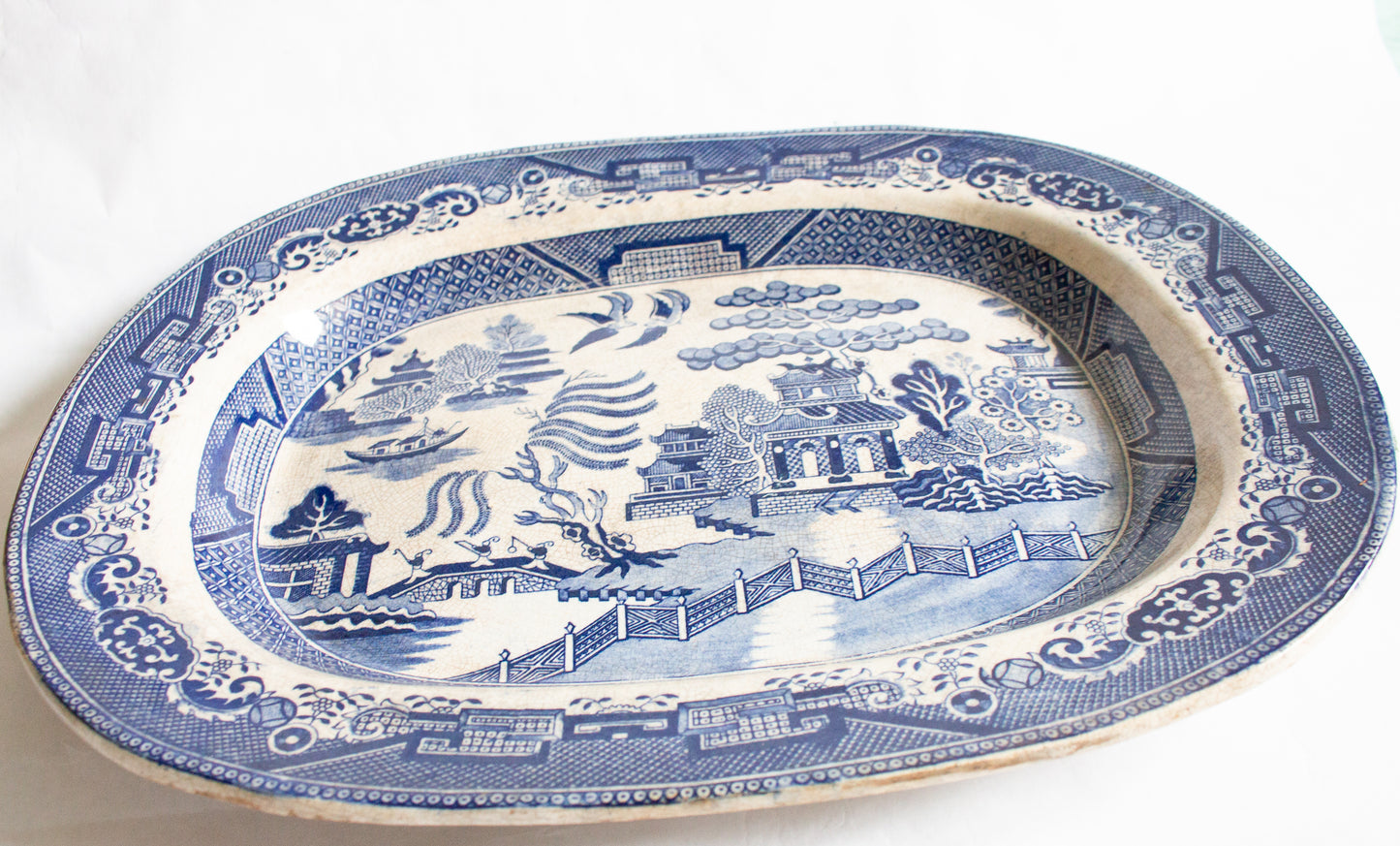 Large Antique 'Willow' Pattern Blue and White Transferware Serving Platter