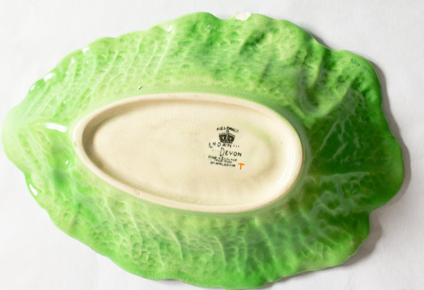 Vintage Crown Devon Green Majolica Leaf Tomato Serving Dish