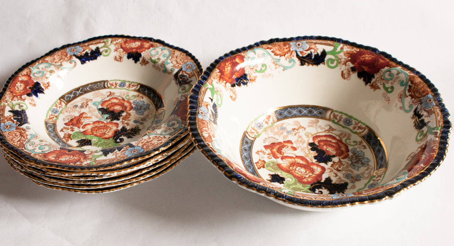 Wood & Sons 'Verona' Pattern Semi Porcelain Brown Transferware Dessert Bowls Set for Six