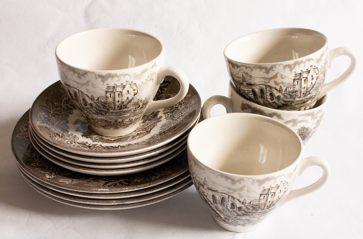 English Ironstone Pottery England 'Castles' Series Brown and White Transferware Teacup Trios (4)