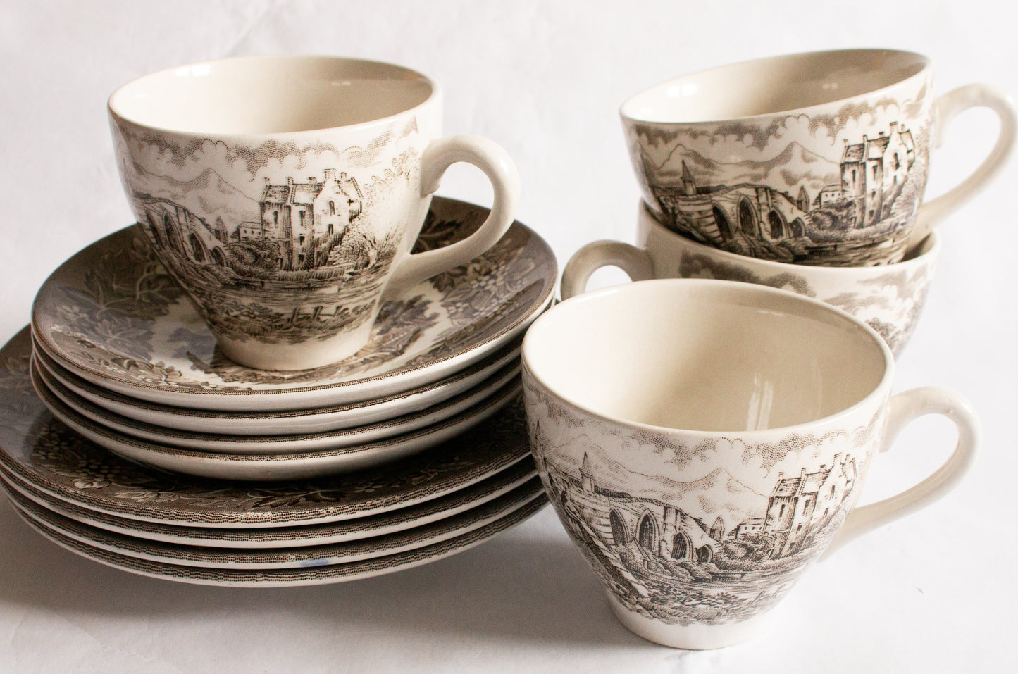 English Ironstone Pottery England 'Castles' Series Brown and White Transferware Teacup Trios (4)