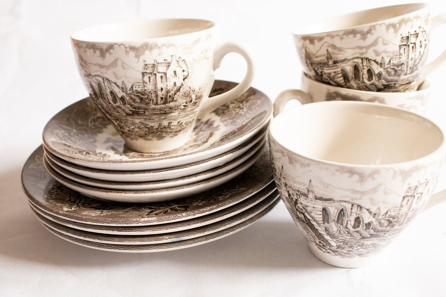 English Ironstone Pottery England 'Castles' Series Brown and White Transferware Teacup Trios (4)