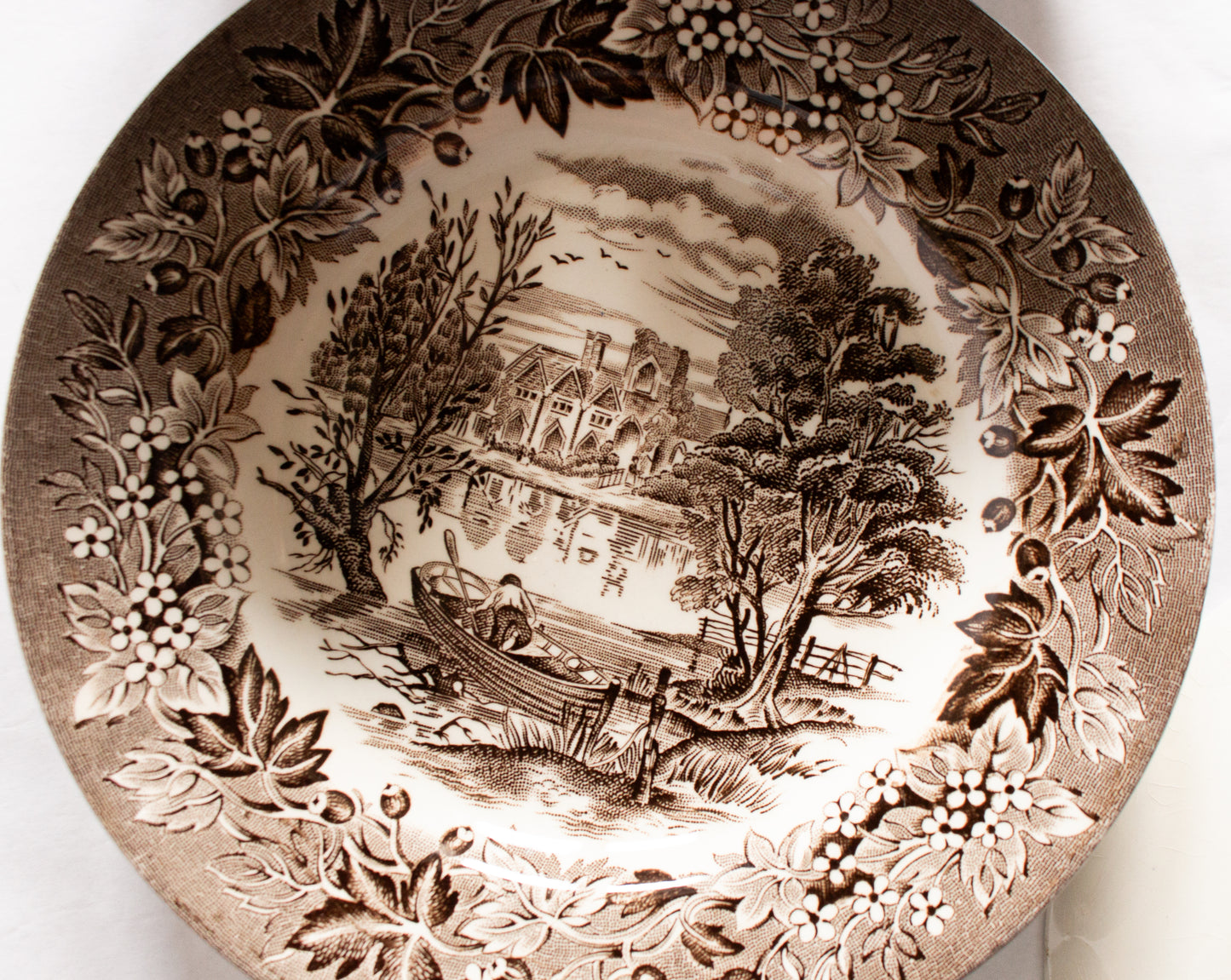 English Ironstone Pottery England 'Castles' Series Brown and White Transferware Teacup Trios (4)