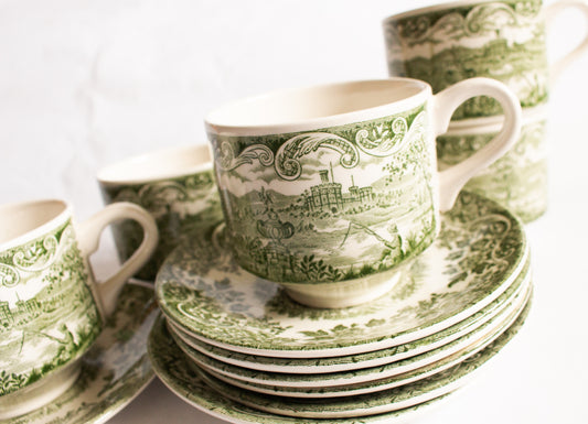 Broadhurst England Green and White Transferware Teacups and Saucers (6)