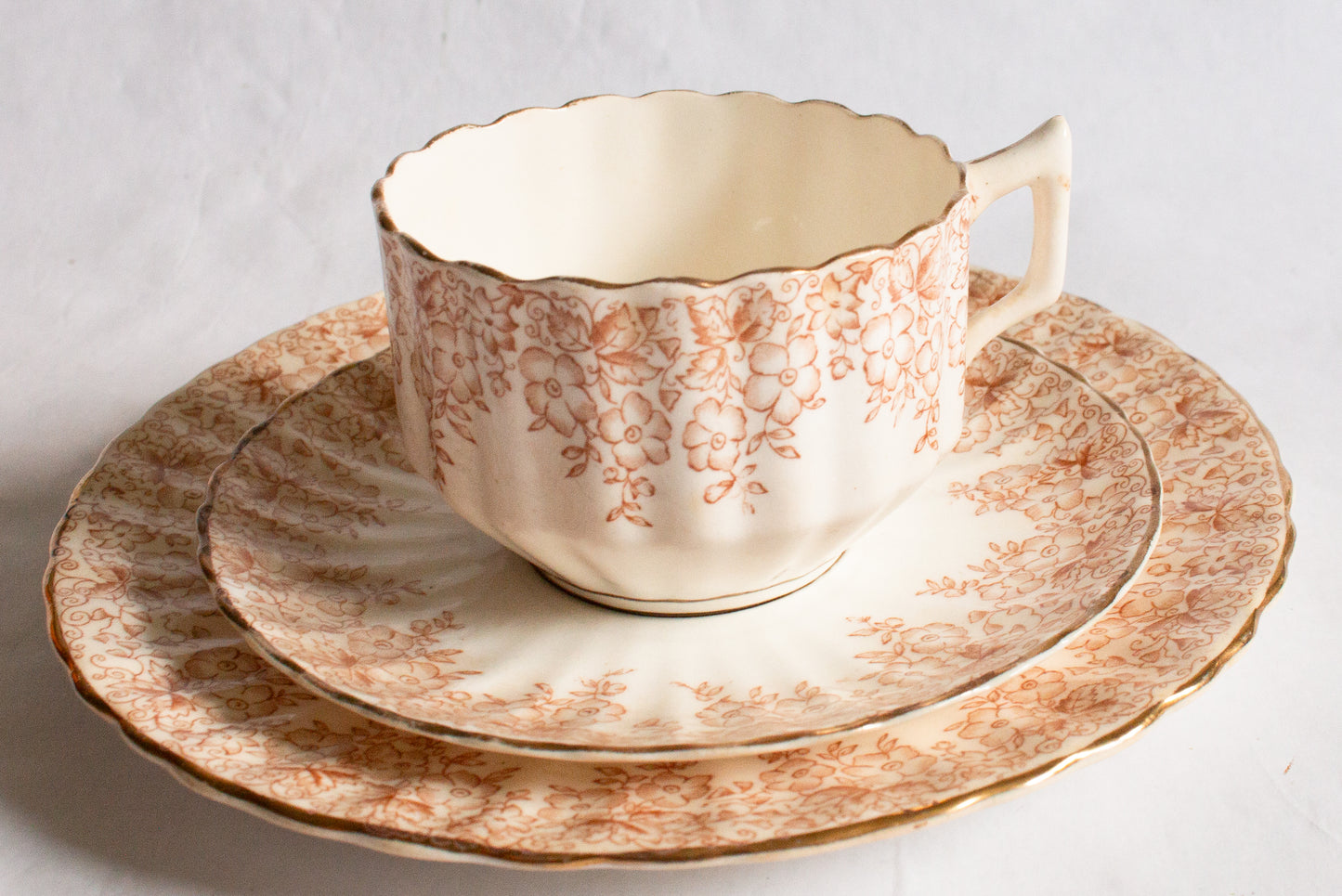 Antique Fluted Brown Floral and Gold China Teacup Trio