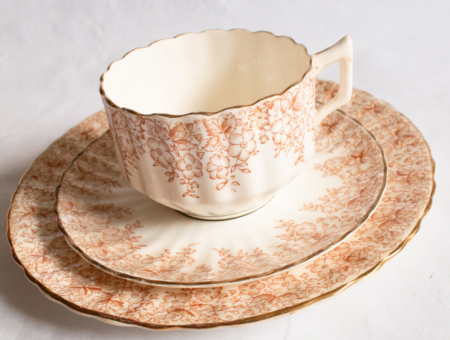 Antique Fluted Brown Floral and Gold China Teacup Trio