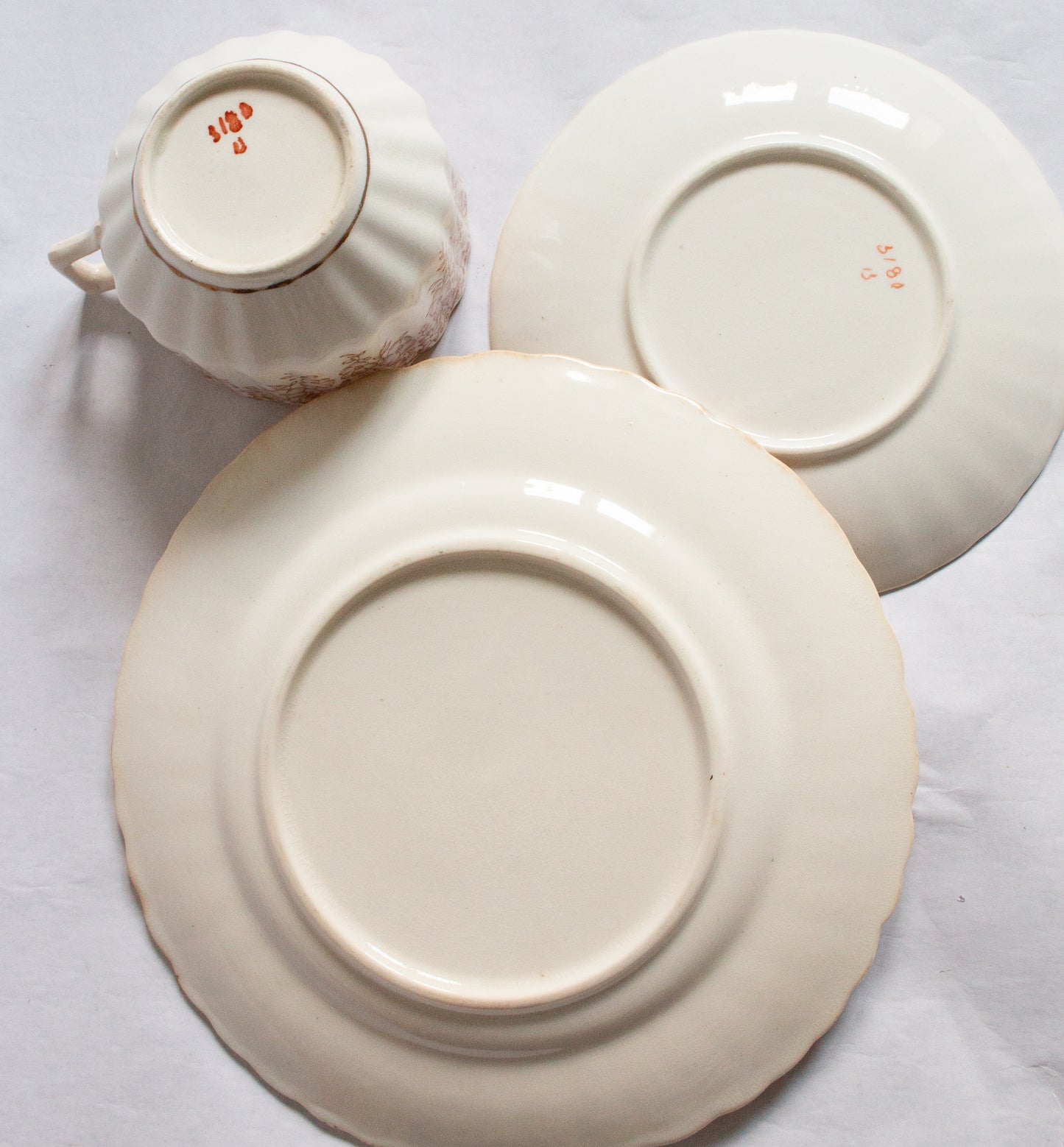 Antique Fluted Brown Floral and Gold China Teacup Trio