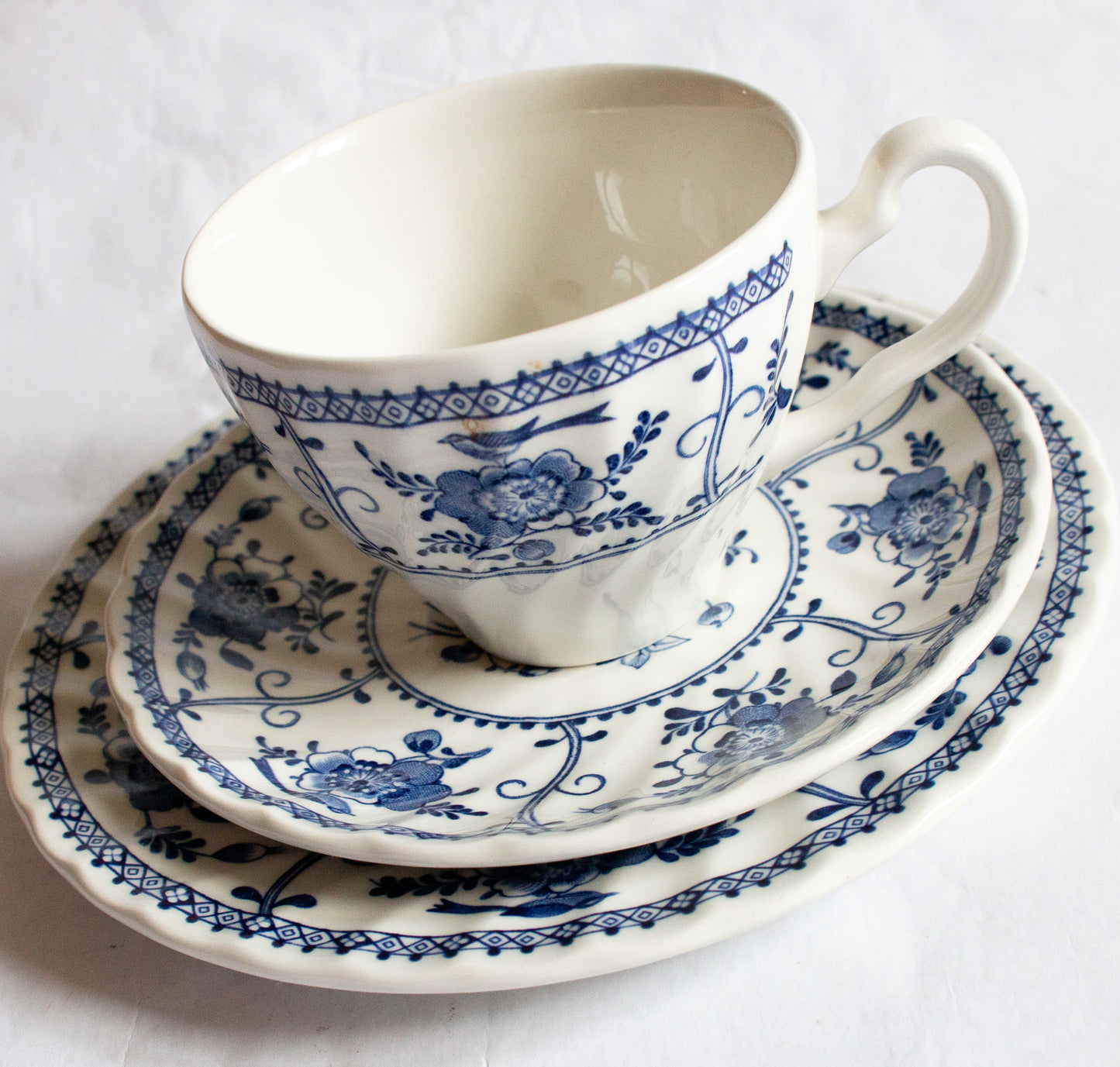 Johnson Bros. 'Indies' Pattern Blue and White Transferware Teacup Trio