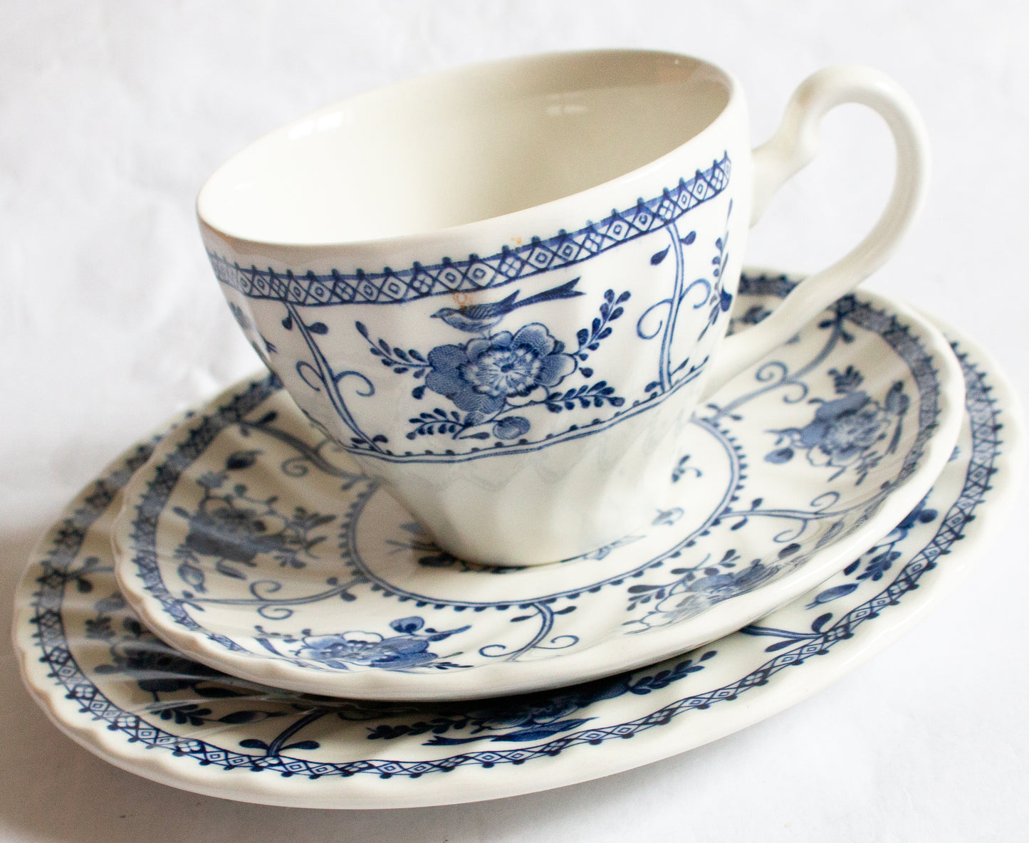 Johnson Bros. 'Indies' Pattern Blue and White Transferware Teacup Trio