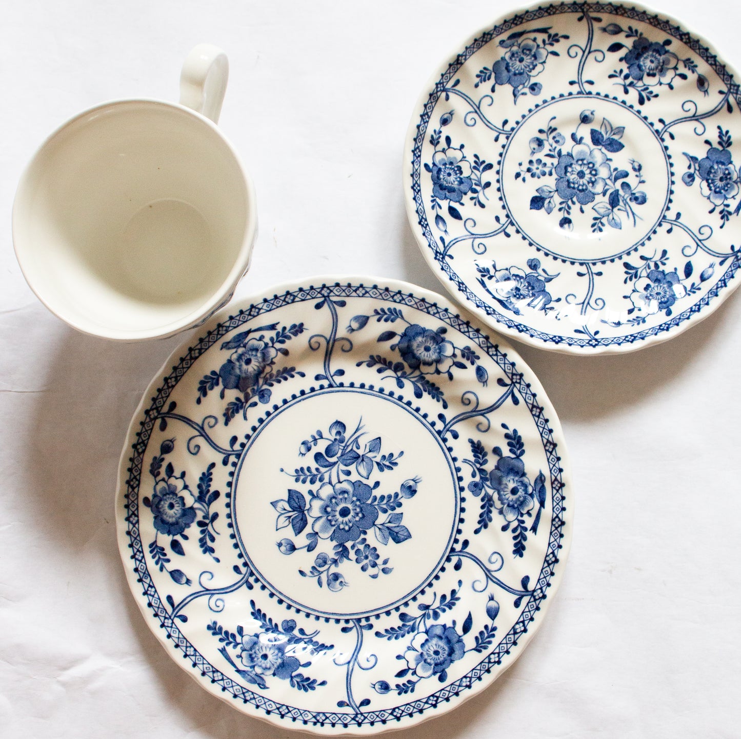 Johnson Bros. 'Indies' Pattern Blue and White Transferware Teacup Trio