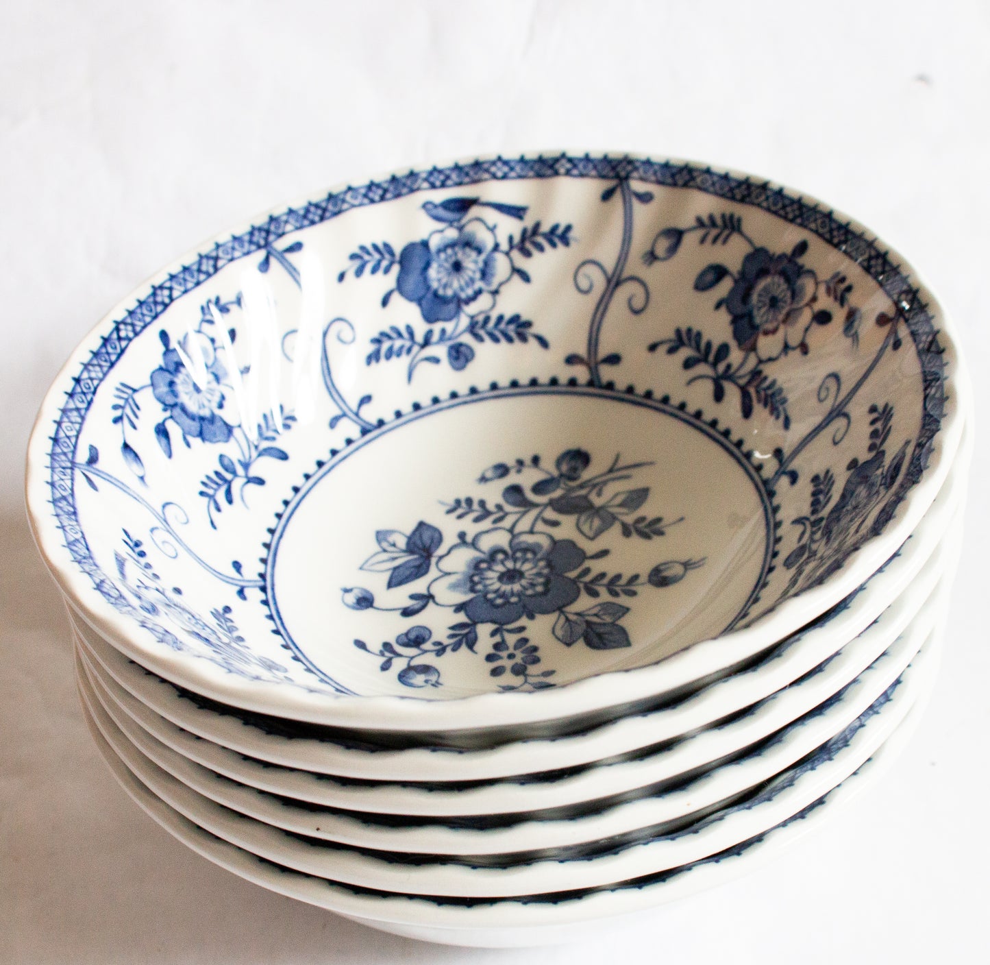 Johnson Bros. 'Indies' Pattern Blue and White Transferware Cereal or Dessert Bowls (6)