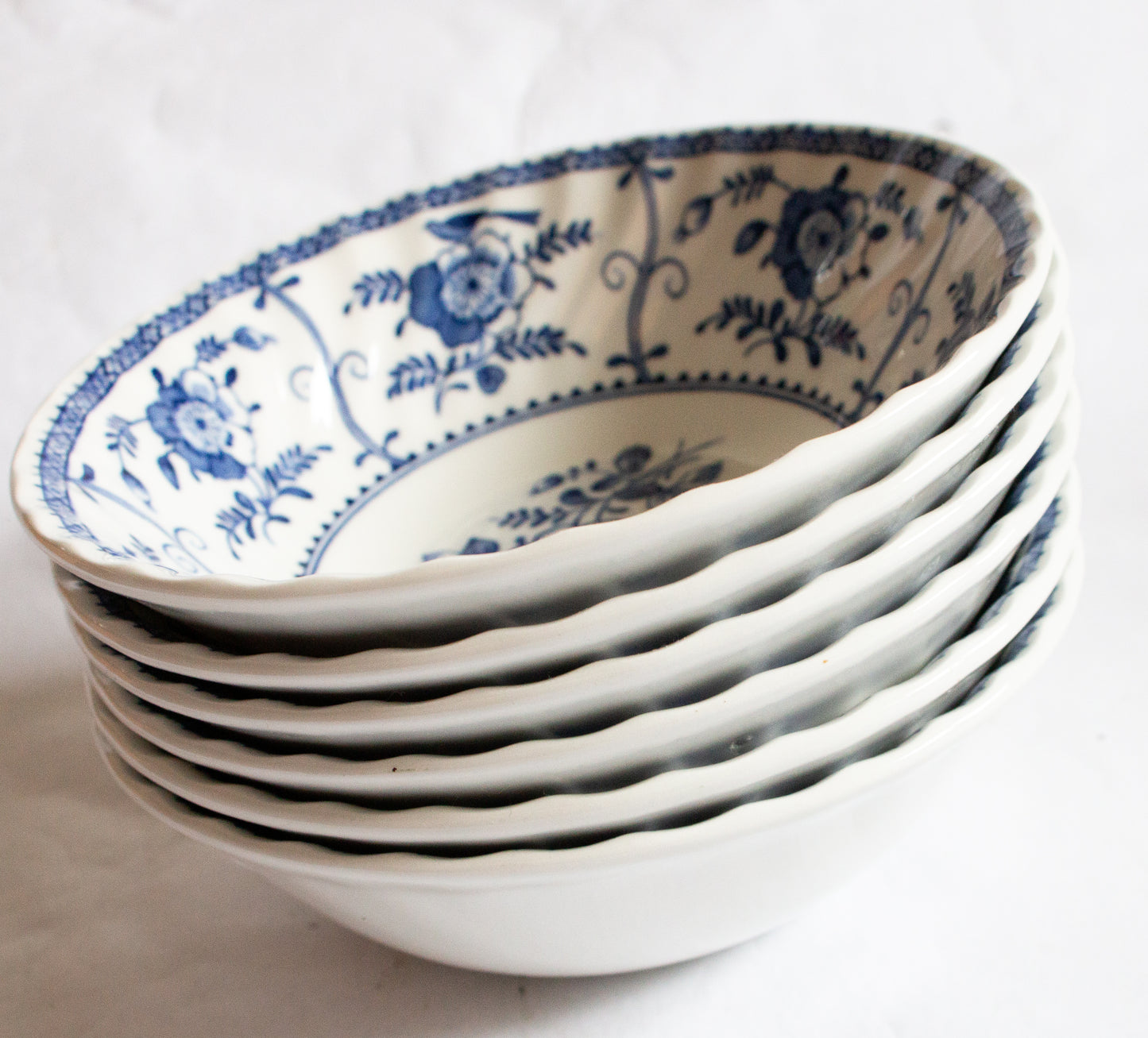 Johnson Bros. 'Indies' Pattern Blue and White Transferware Cereal or Dessert Bowls (6)