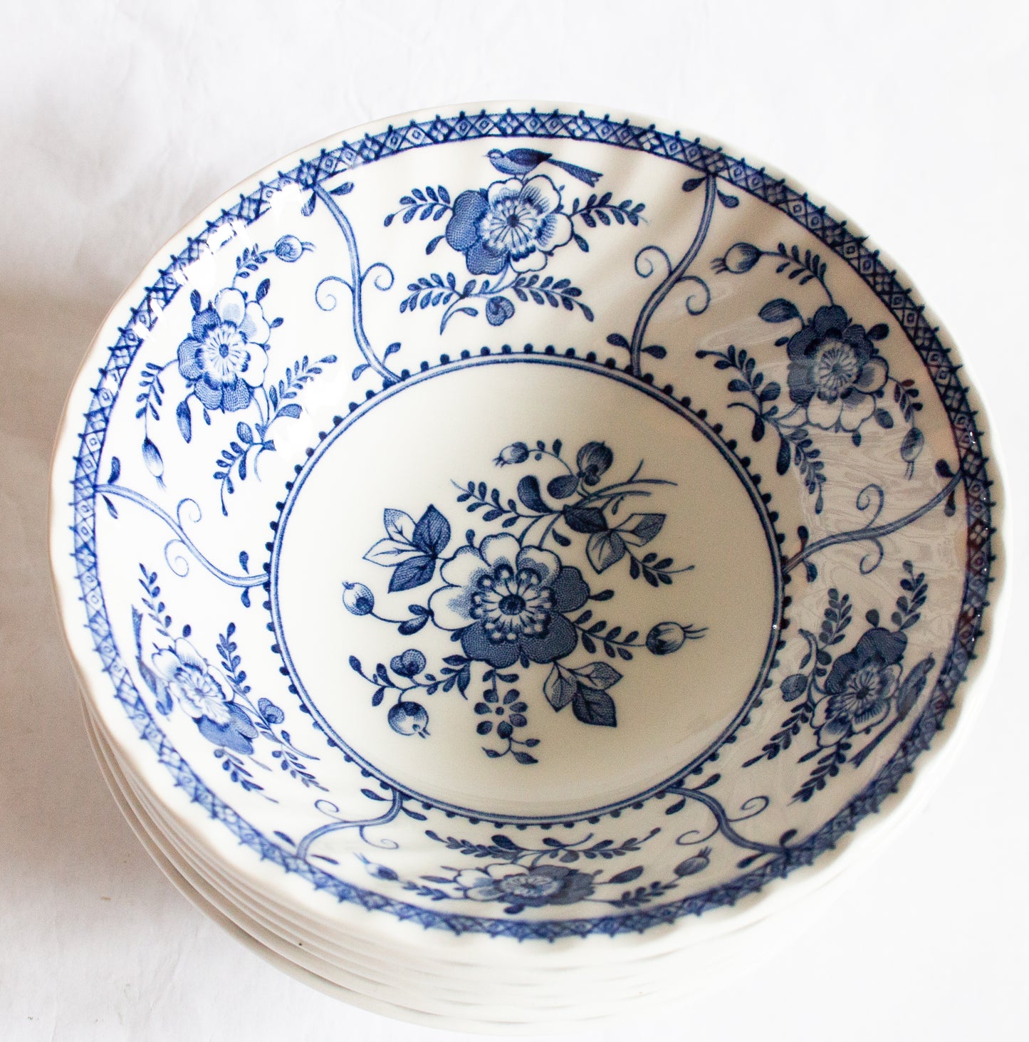 Johnson Bros. 'Indies' Pattern Blue and White Transferware Cereal or Dessert Bowls (6)