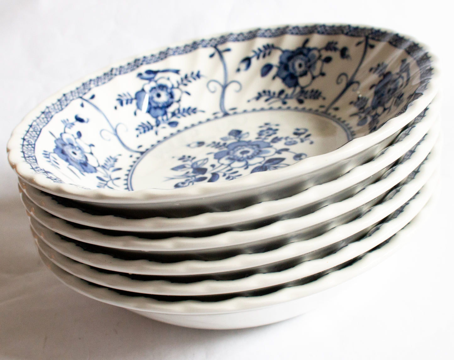 Johnson Bros. 'Indies' Pattern Blue and White Transferware Soup Bowls (6)