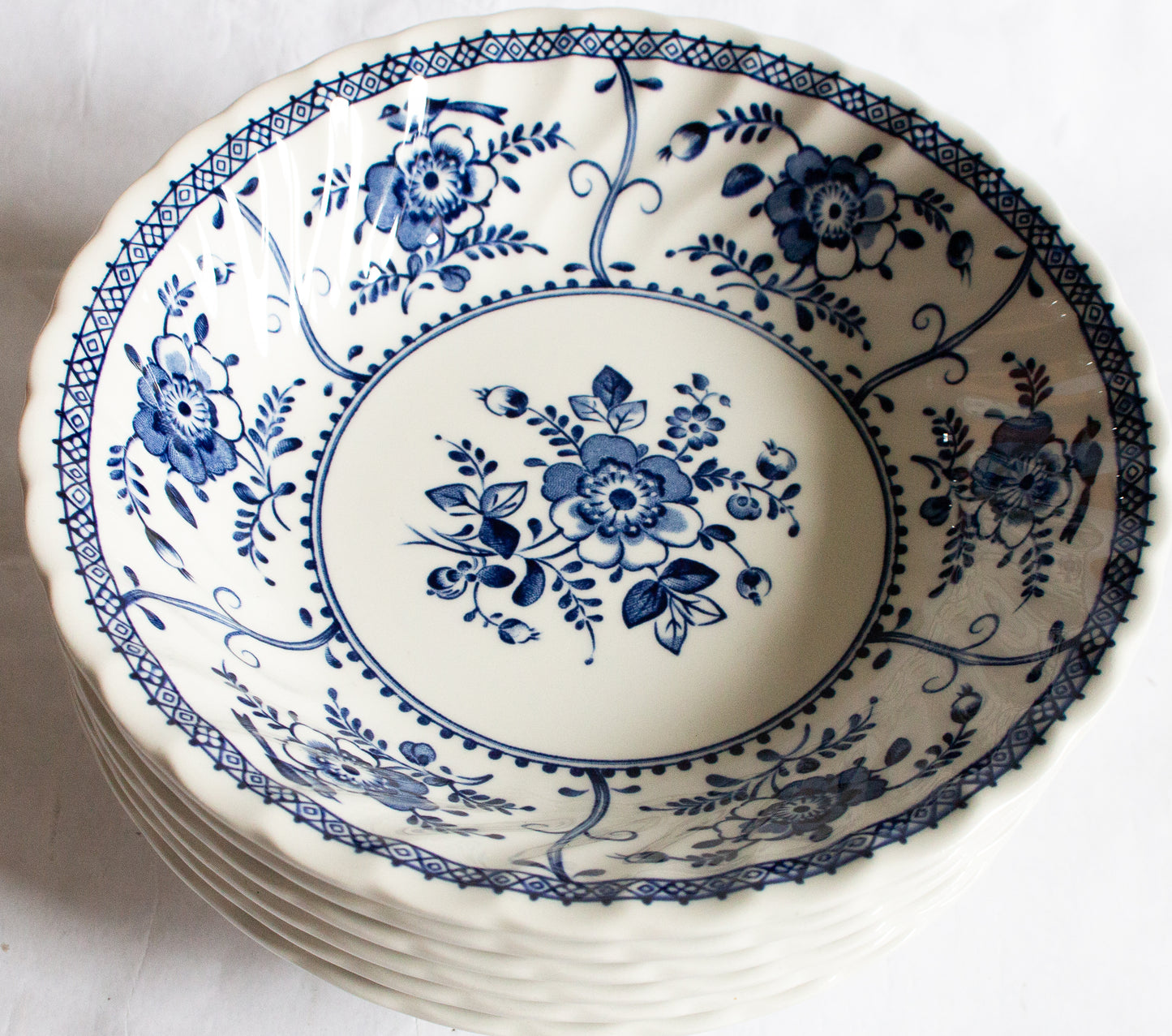 Johnson Bros. 'Indies' Pattern Blue and White Transferware Soup Bowls (6)