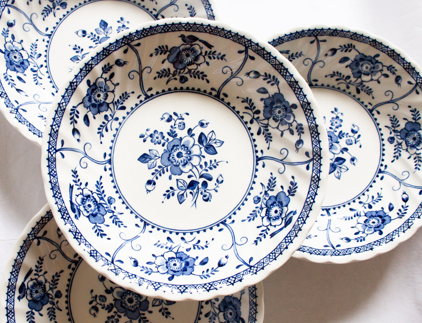 Johnson Bros. 'Indies' Pattern Blue and White Transferware Soup Bowls (6)