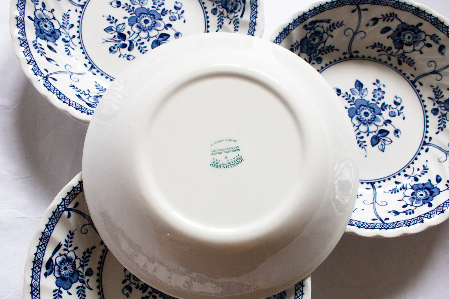 Johnson Bros. 'Indies' Pattern Blue and White Transferware Soup Bowls (6)