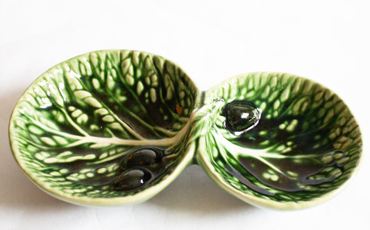 Vintage Green Majolica Leaf Hors D'Oeuvre Dish