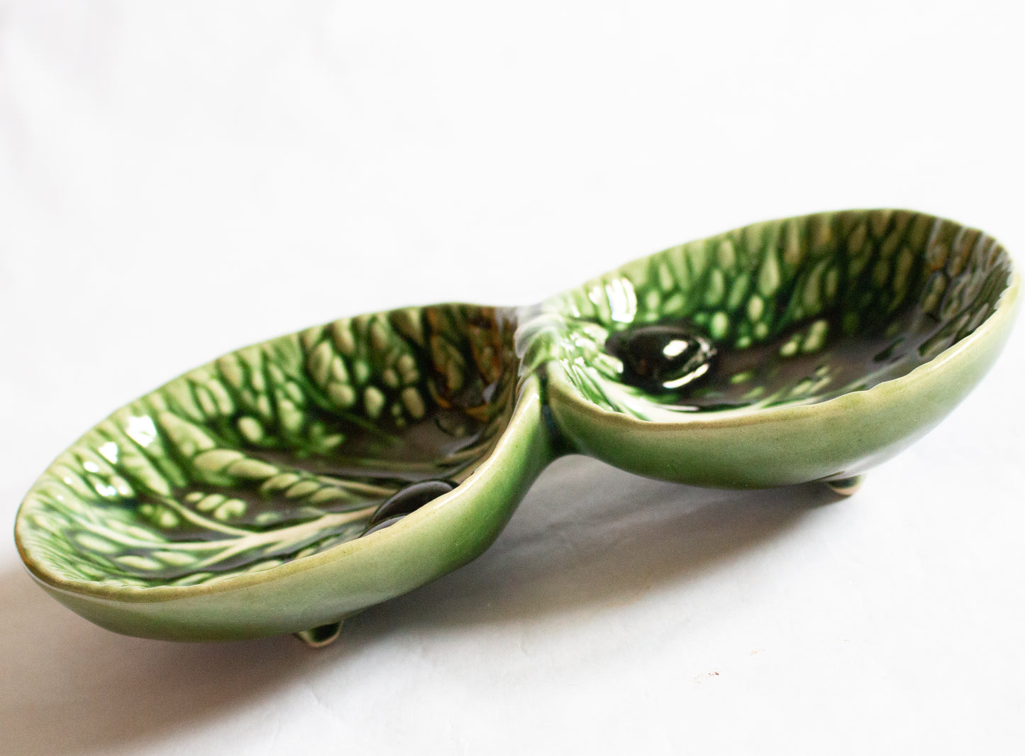 Vintage Green Majolica Leaf Hors D'Oeuvre Dish