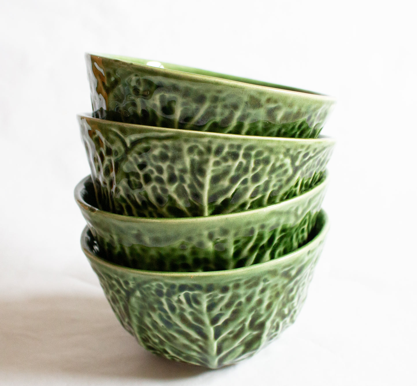 Vintage Green Majolica Leaf Individual Dessert or Soup Bowls