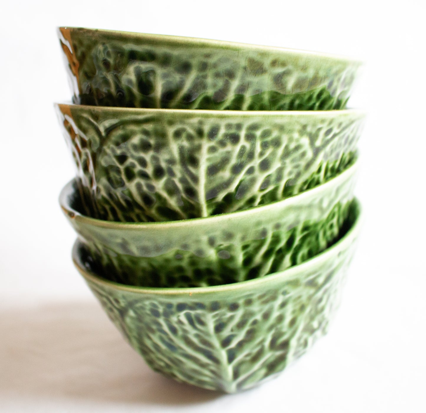 Vintage Green Majolica Leaf Individual Dessert or Soup Bowls