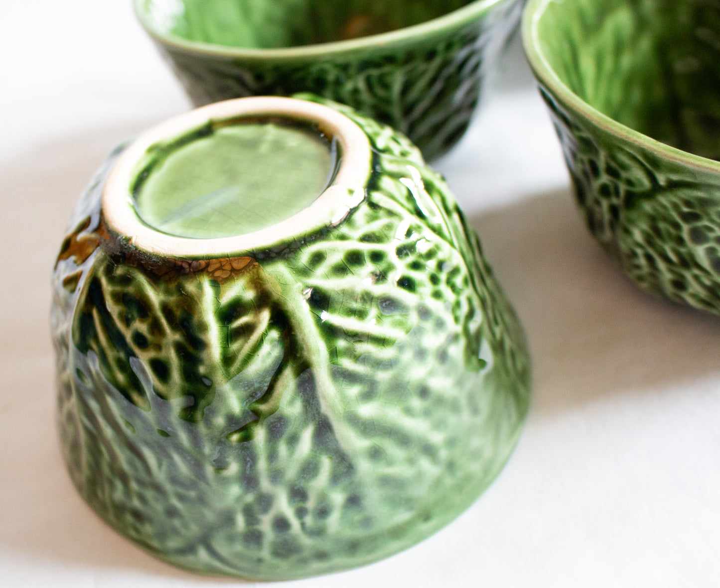 Vintage Green Majolica Leaf Individual Dessert or Soup Bowls