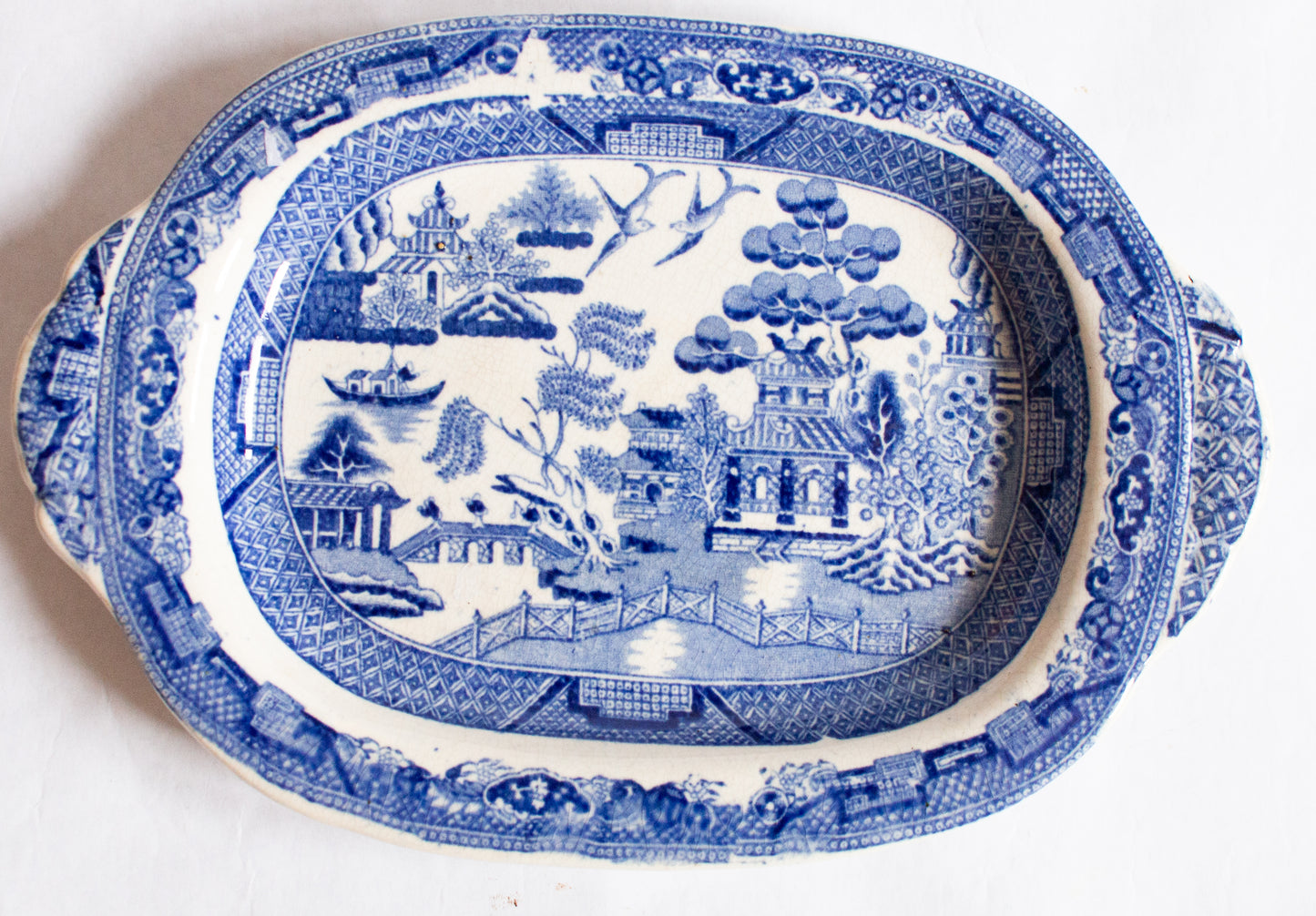 Antique 'Willow' Pattern Small Blue and White Transferware Serving Platter