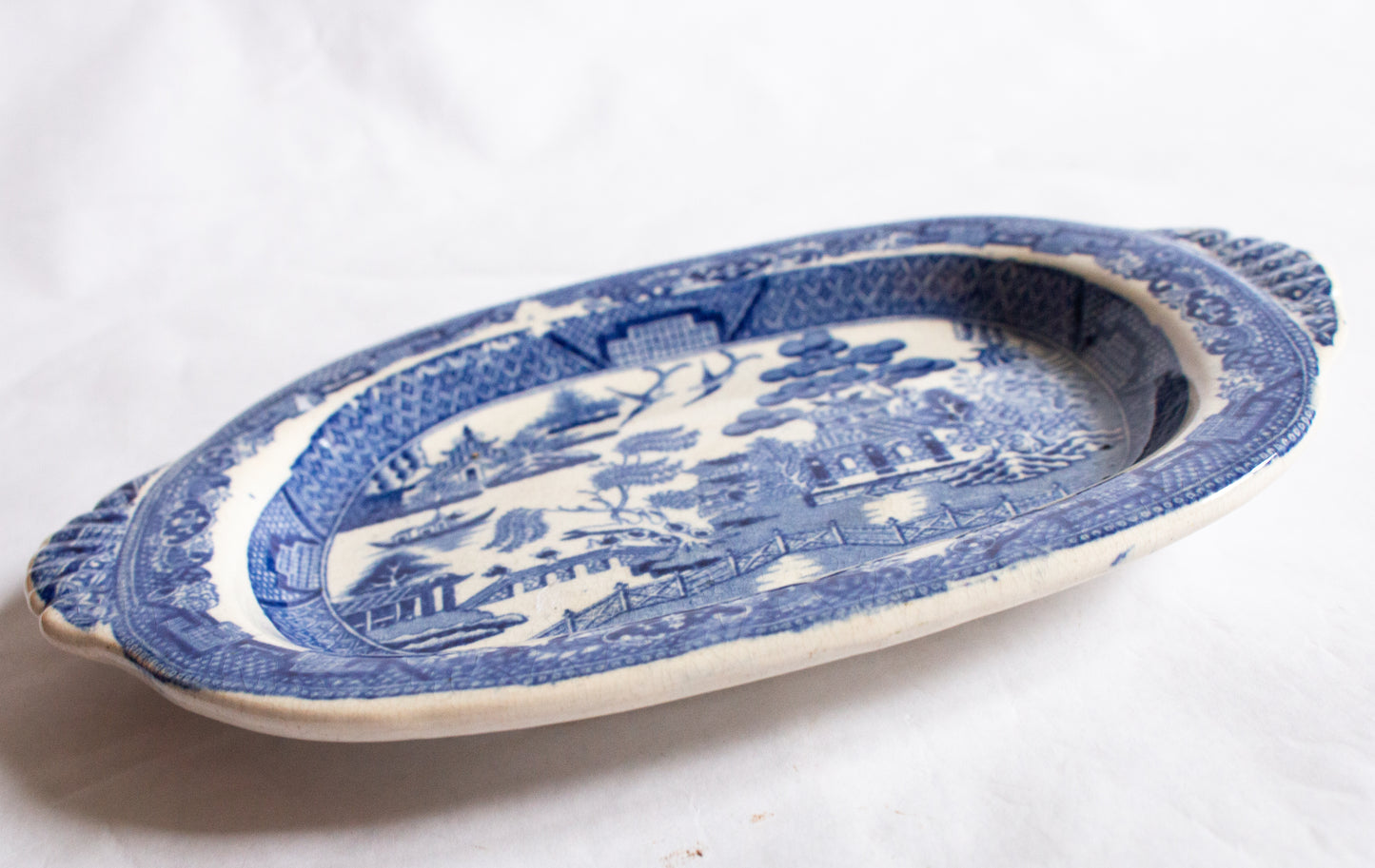 Antique 'Willow' Pattern Small Blue and White Transferware Serving Platter