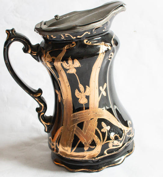 Antique Jackfield Black and Gold Jug with Original Pewter Lid