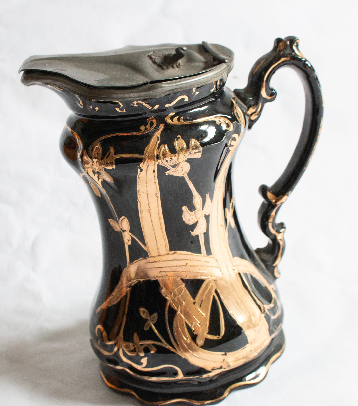 Antique Jackfield Black and Gold Jug with Original Pewter Lid