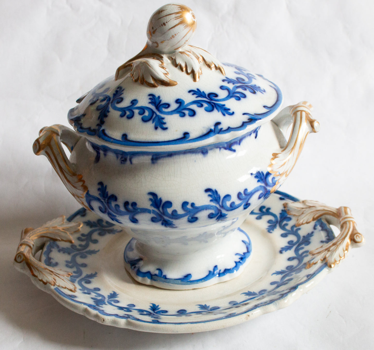 Antique Ornate Blue and White Transferware Flow Blue Small Tureen with Gilt and Moulded Details