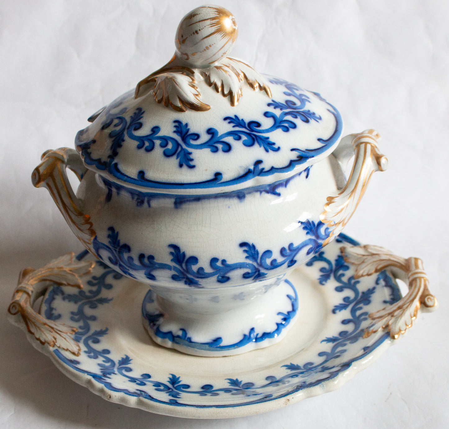 Antique Ornate Blue and White Transferware Flow Blue Small Tureen with Gilt and Moulded Details