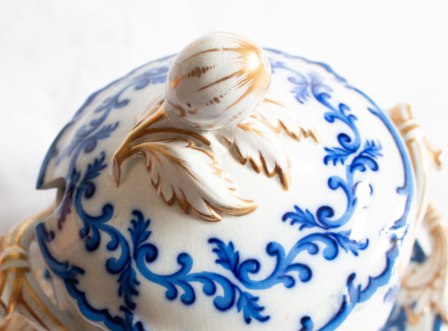 Antique Ornate Blue and White Transferware Flow Blue Small Tureen with Gilt and Moulded Details