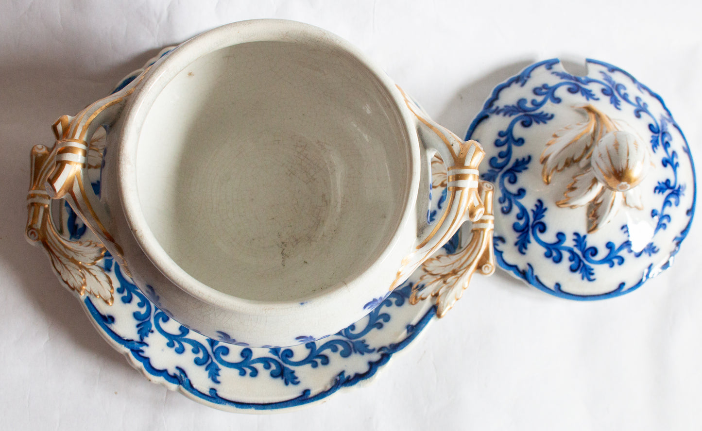 Antique Ornate Blue and White Transferware Flow Blue Small Tureen with Gilt and Moulded Details