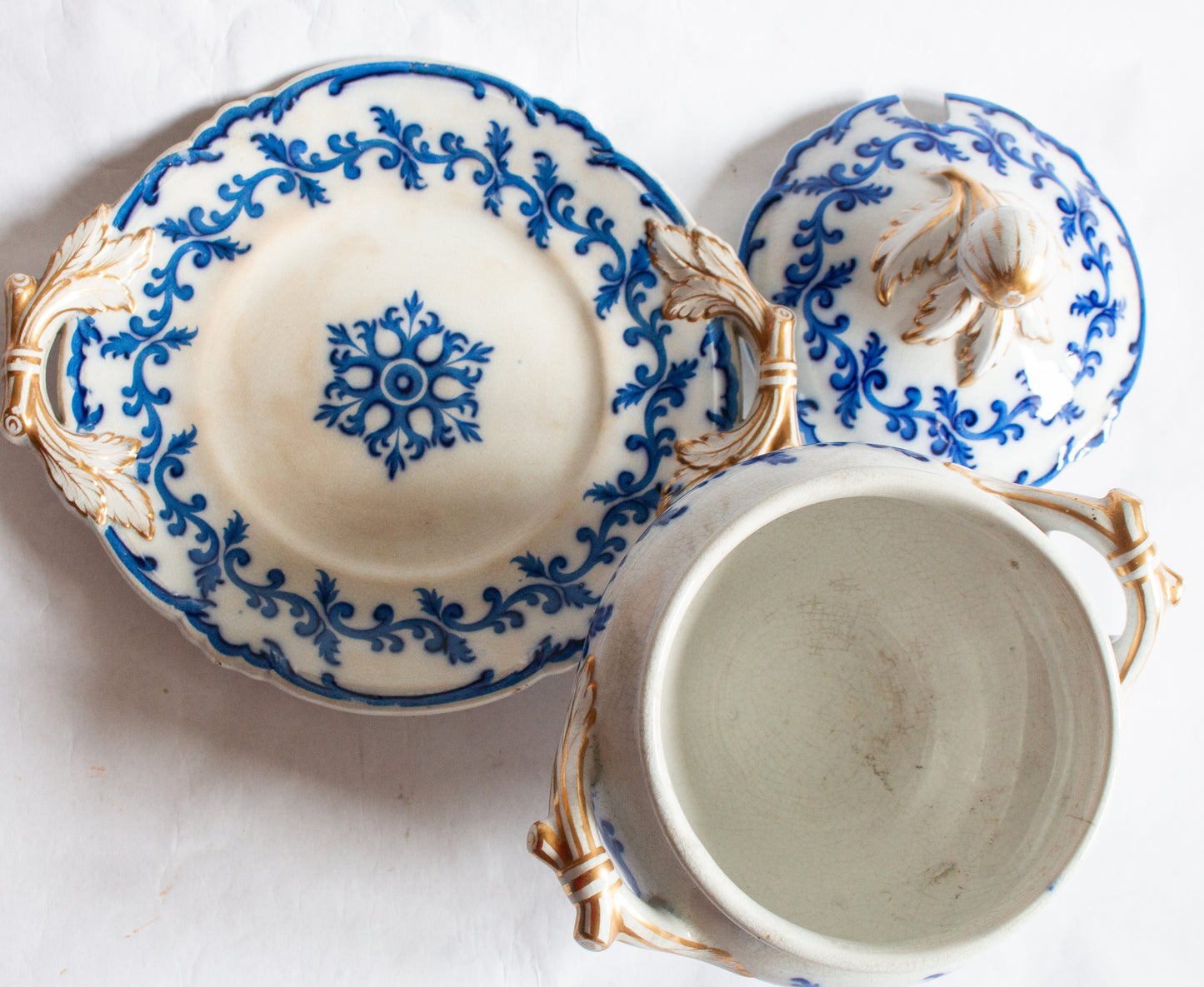 Antique Ornate Blue and White Transferware Flow Blue Small Tureen with Gilt and Moulded Details