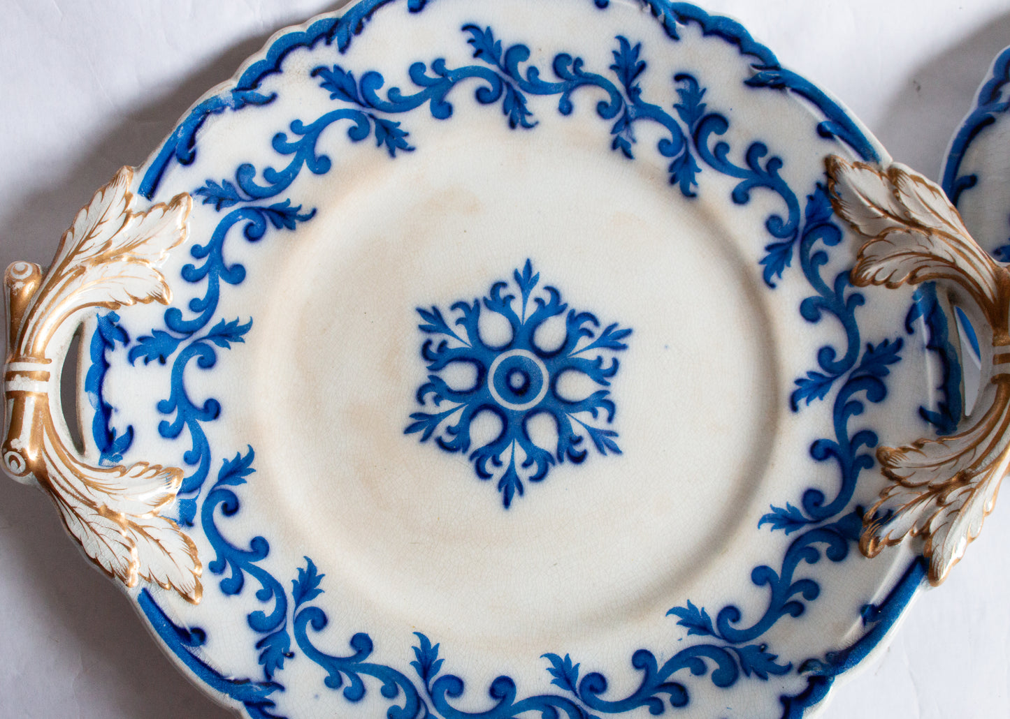 Antique Ornate Blue and White Transferware Flow Blue Small Tureen with Gilt and Moulded Details