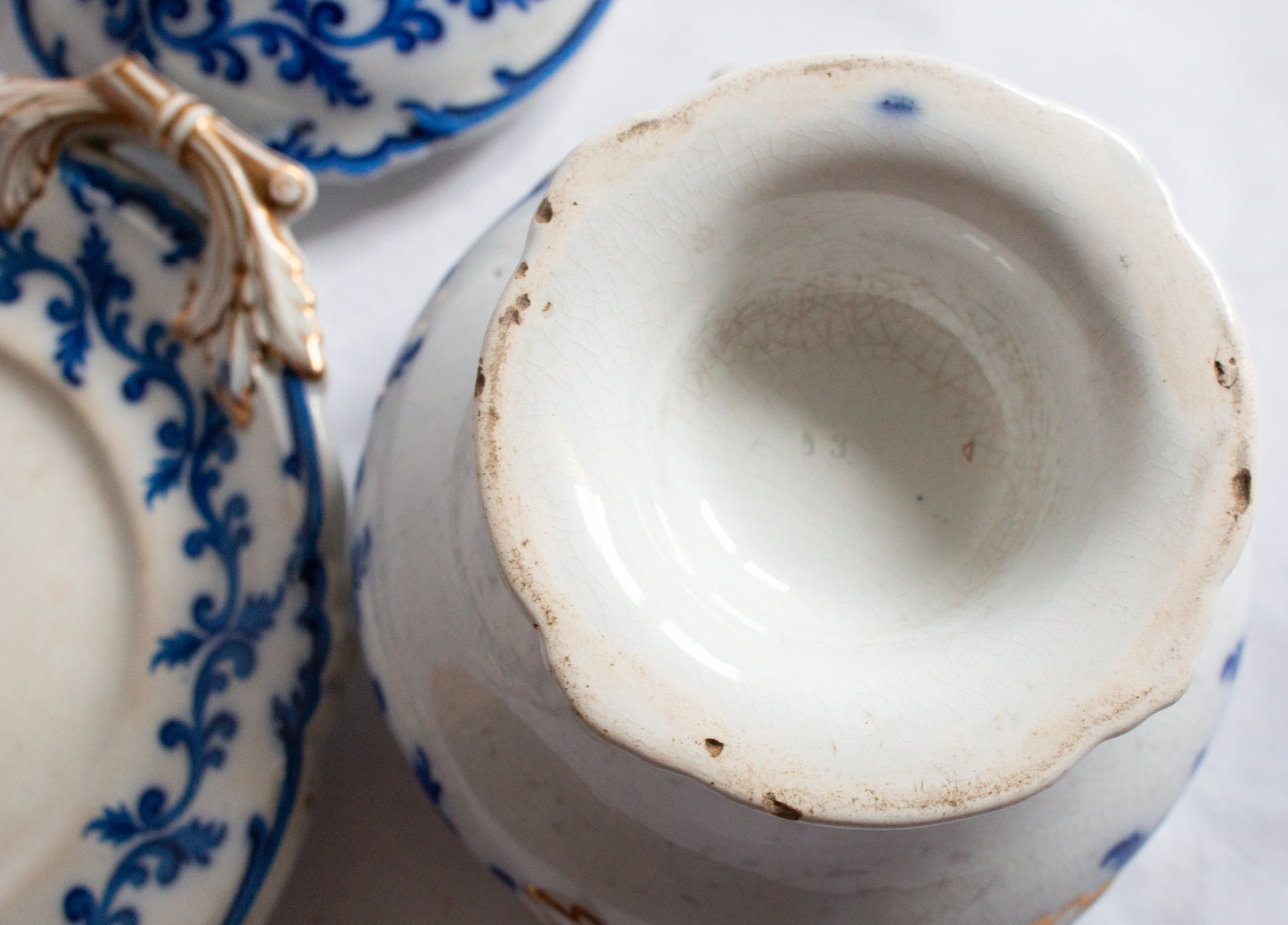 Antique Ornate Blue and White Transferware Flow Blue Small Tureen with Gilt and Moulded Details