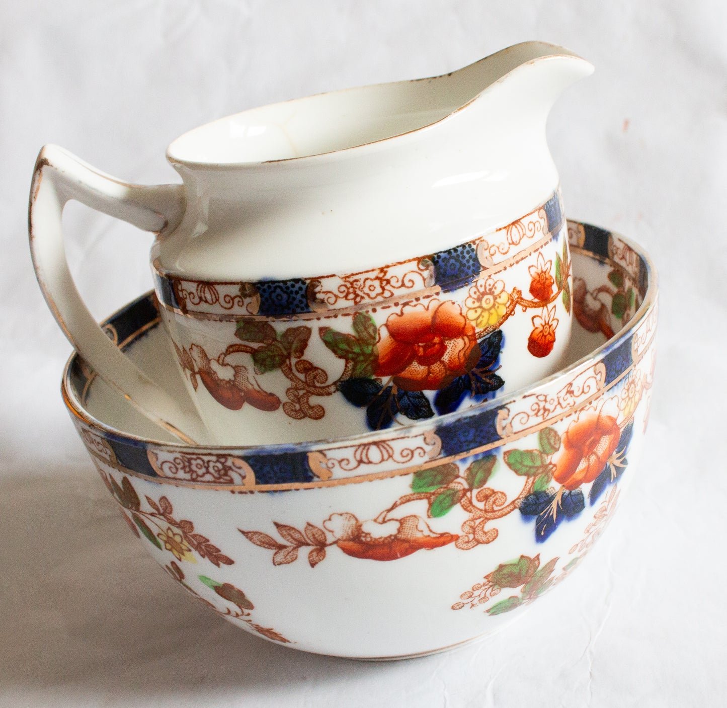 Antique Imari Style Sugar Bowl and Creamer Set