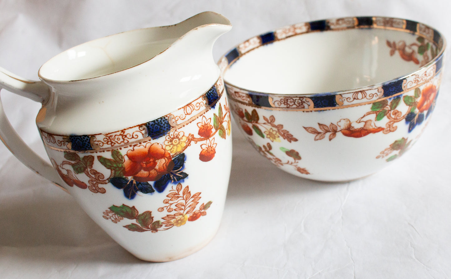 Antique Imari Style Sugar Bowl and Creamer Set