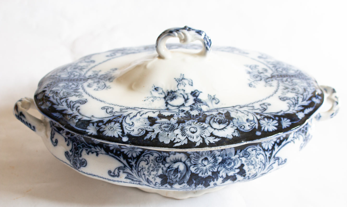 Antique J. H. W. & Sons Hanley England 'Belmont' Pattern Flow Blue and White Lidded Serving Tureen