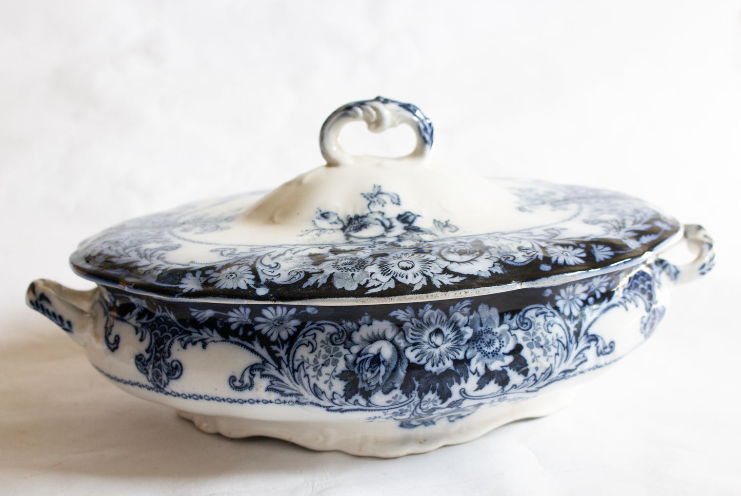 Antique J. H. W. & Sons Hanley England 'Belmont' Pattern Flow Blue and White Lidded Serving Tureen