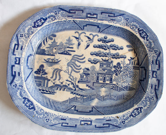 Antique 'Willow' Pattern Blue and White Transferware Serving Platter with Original Staple Repair