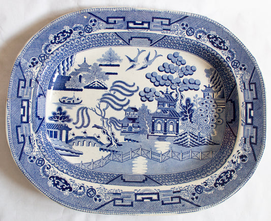 Antique 'Willow' Pattern Blue and White Transferware Serving Platter,