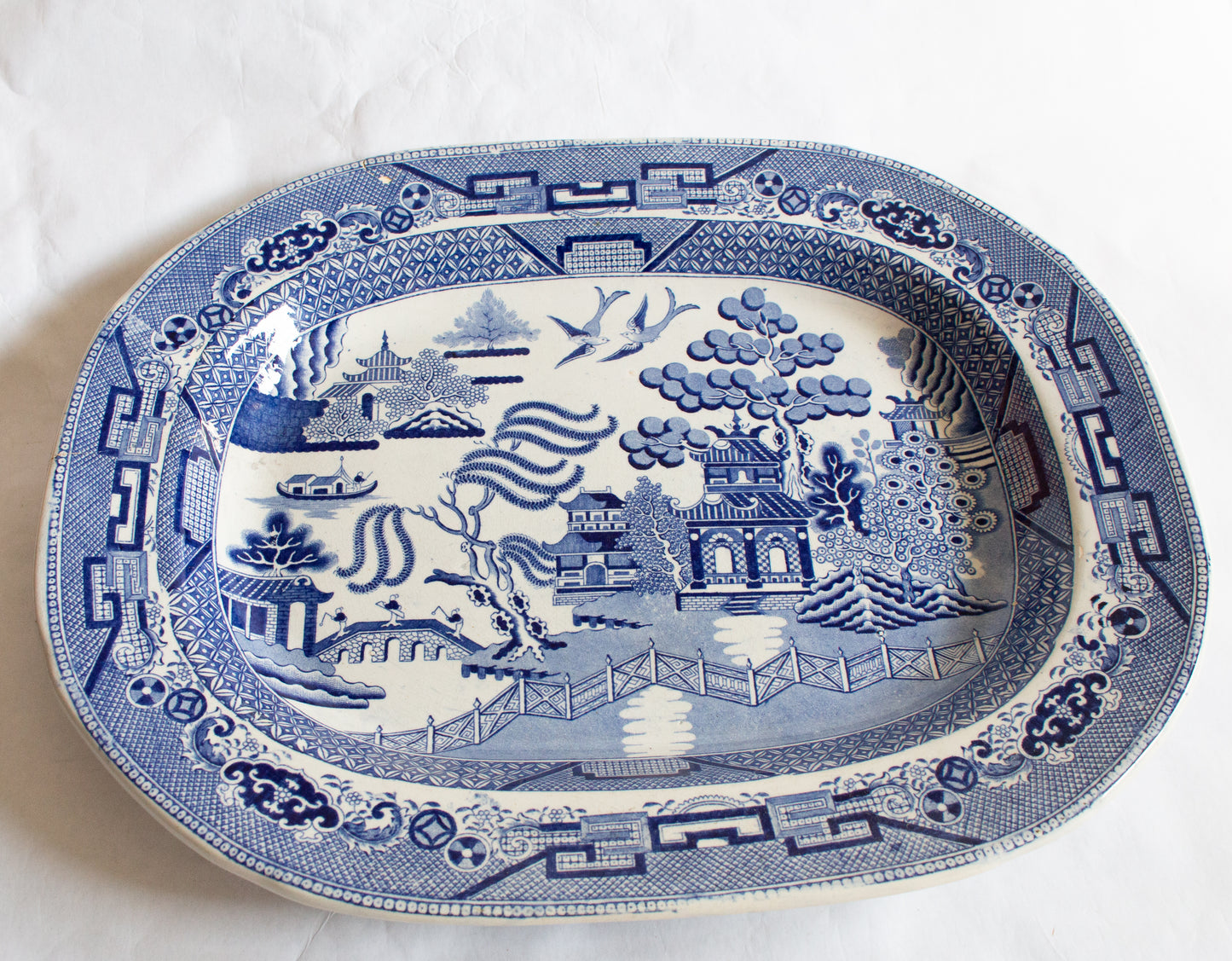 Antique 'Willow' Pattern Blue and White Transferware Serving Platter,