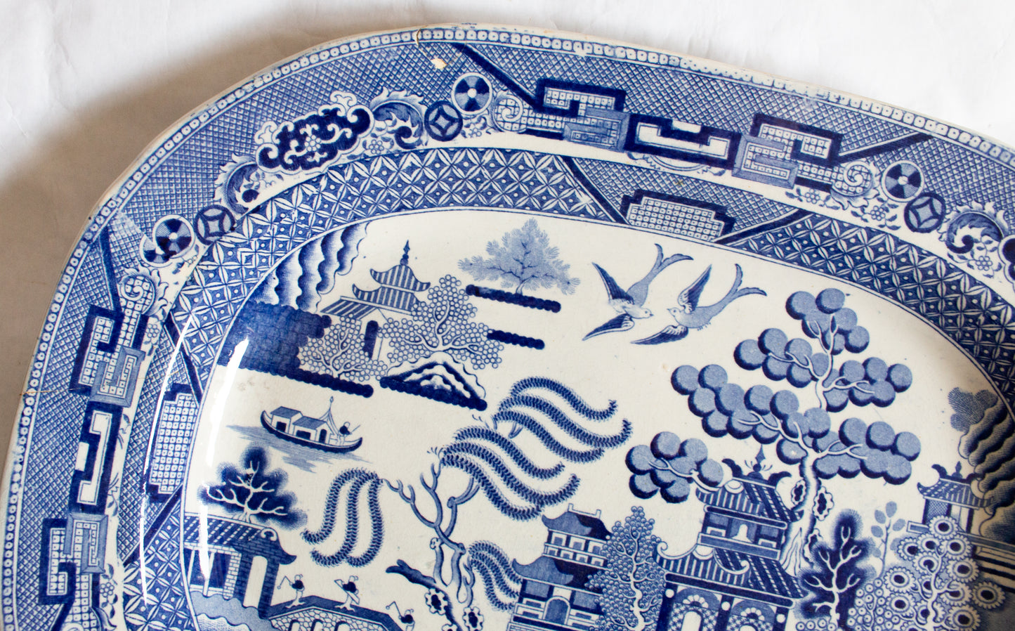 Antique 'Willow' Pattern Blue and White Transferware Serving Platter,